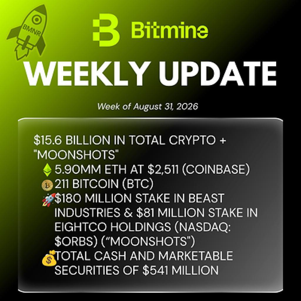 Bitmine Announces 5.90 Million ETH Holdings and $15.6 Billion in Total Assets Bitmine Announces 5.90 Million ETH Holdings and $15.6 Billion in Total Assets